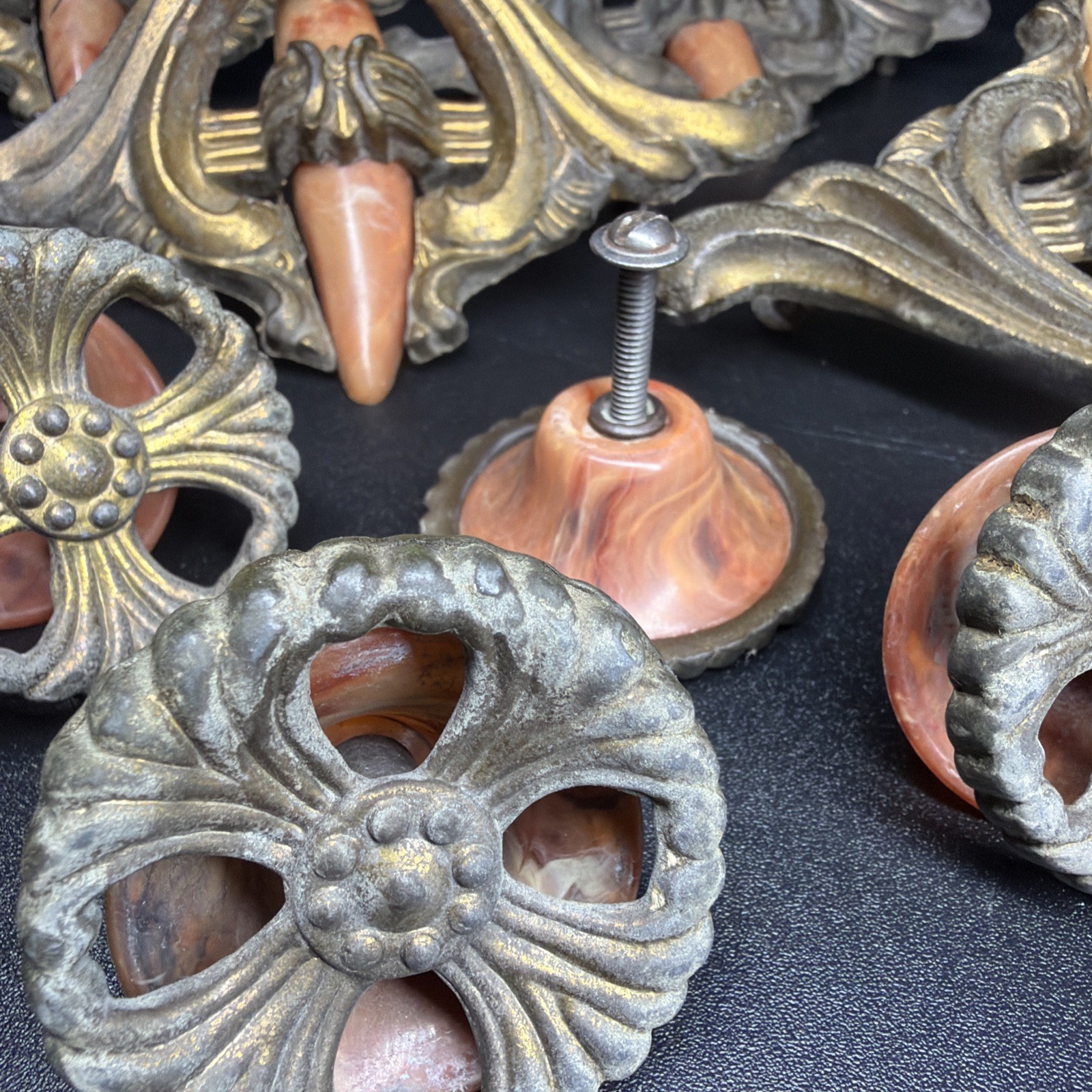 VTG Lot 10 Art Deco Drawer Waterfall Handles Pulls Orange Marble Bakelite Brass