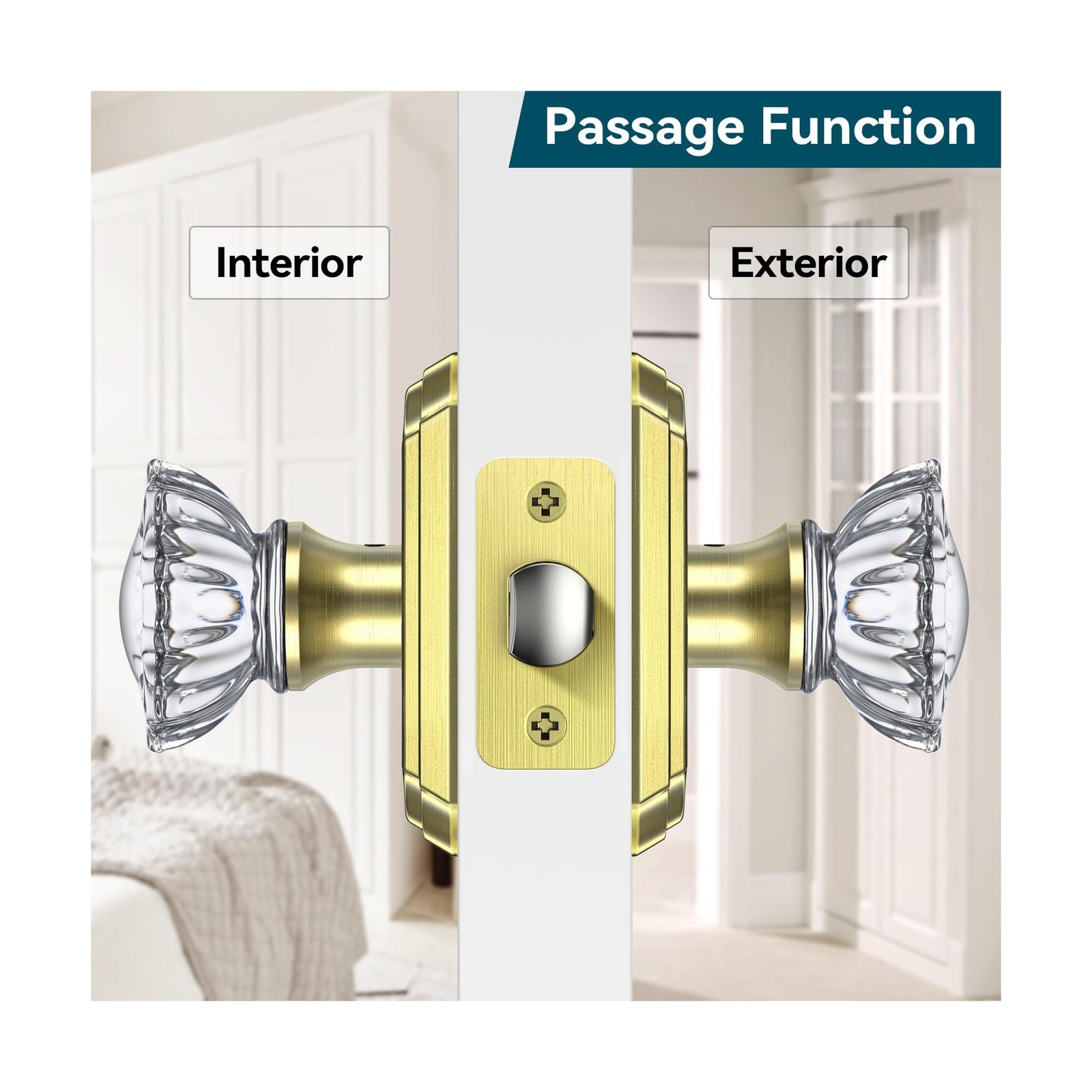 Glass Passage Door Knobs, 5 Pack Satin Brass Crystal Interior, Antique Glass,…