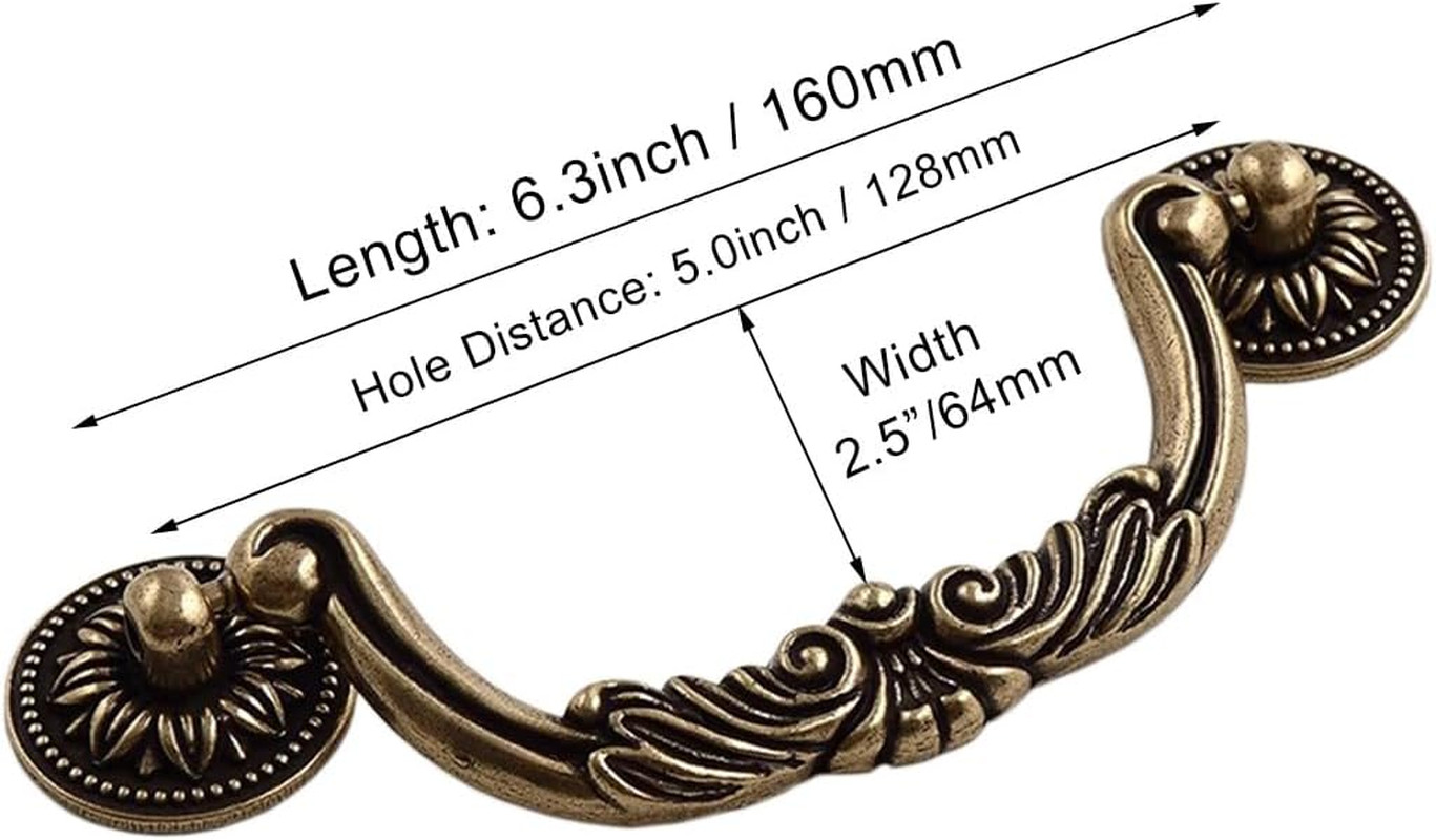 6PCS Antique Bronze Drop Bail Pulls,Vintage Carved Cabinet Pulls Handles,5.0″ Ho