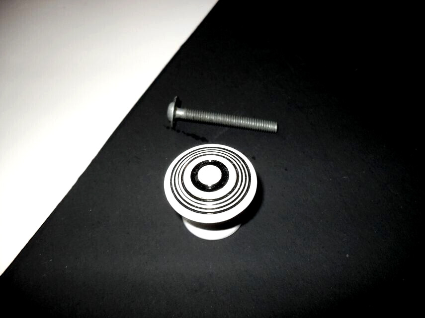 One Vintage Nos White Enamel Metal Drawer/Cabinet Knob Black Concentric Circles