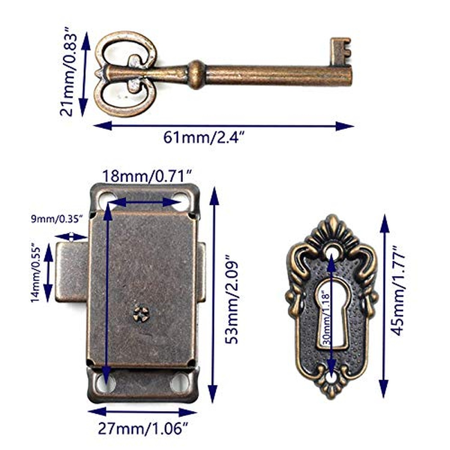 Antique Bronze Cabinet Lock with Keys, 2.09″ x 1.06″ Vintage Furniture Door L…