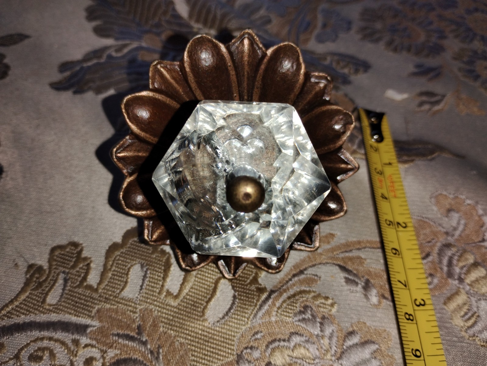 Vintage Hexagonal Clear Glass Knob Brass Floral Rosette Handle Pull READ