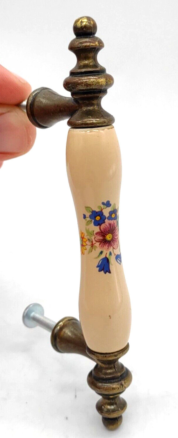Drawer Pull Handle 1960s Floral on Beige Porcelain w Brass Ends 3″ Centers 1 Vtg