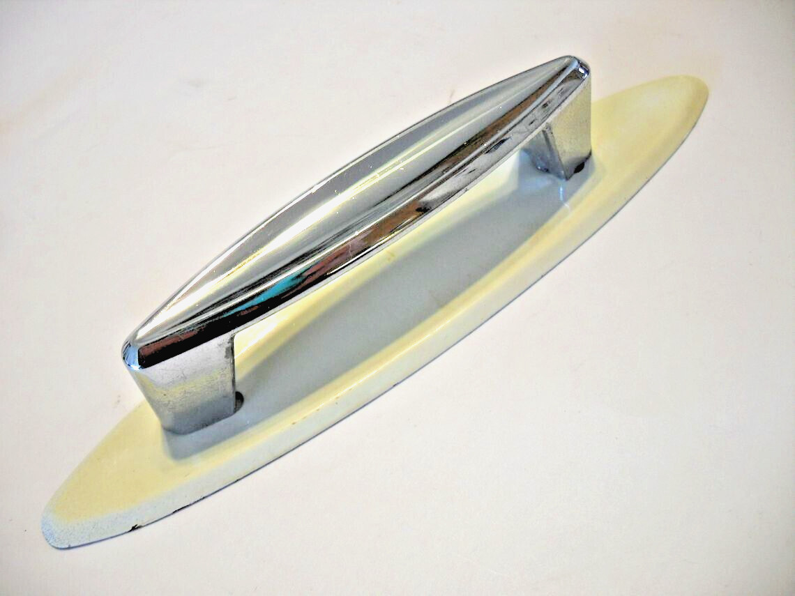 Vintage Chrome Concave Drawer Pull Cabinet Door Handle w White Backplate Ajax