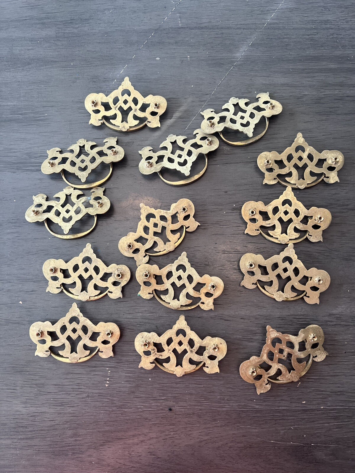 Lot 14 Vintage Fancy Ornate Pierced Brass Drawer Pulls Traditional Batwing NICE