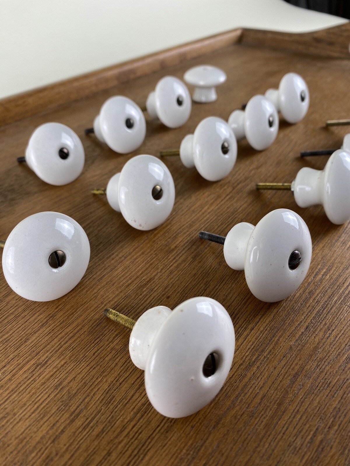 Vintage White Porcelain Mushroom Knobs Drawer Pulls w Brass Hardware Lot of 14+