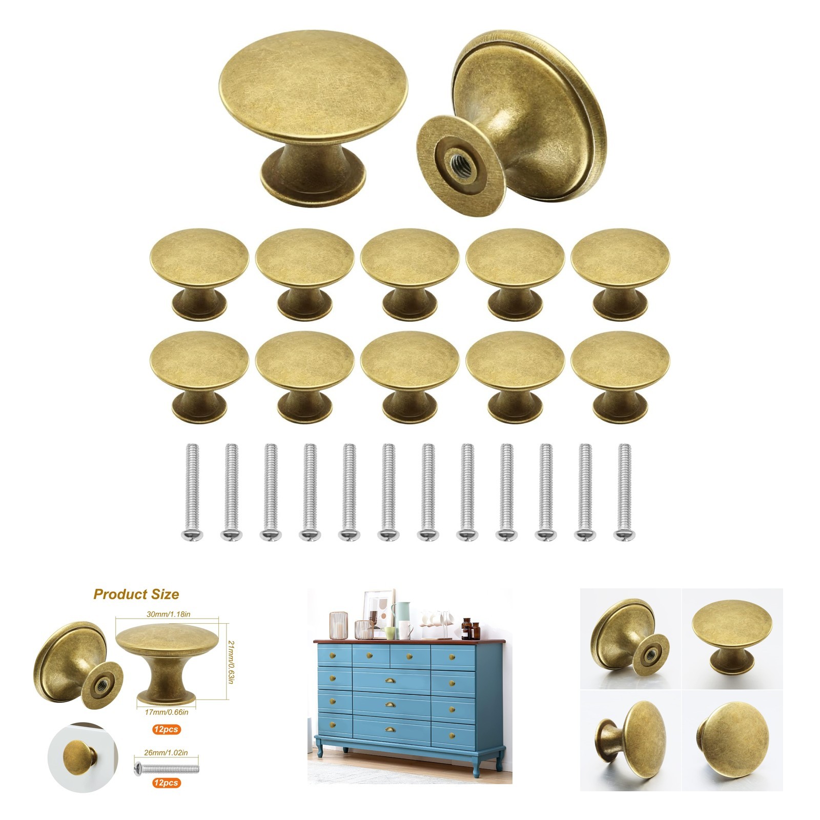 Vintage Bronze Knobs Set 12 Round Mushroom Drawer Pulls 1.18 Inch Diameter Gold