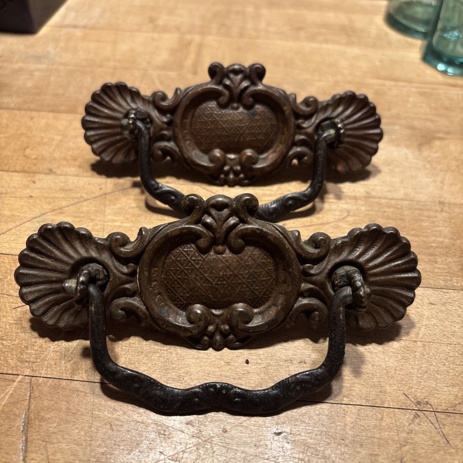 ANTIQUE Pair Of Brass Pressed Drawer Pulls Iron Bail 3” On Center