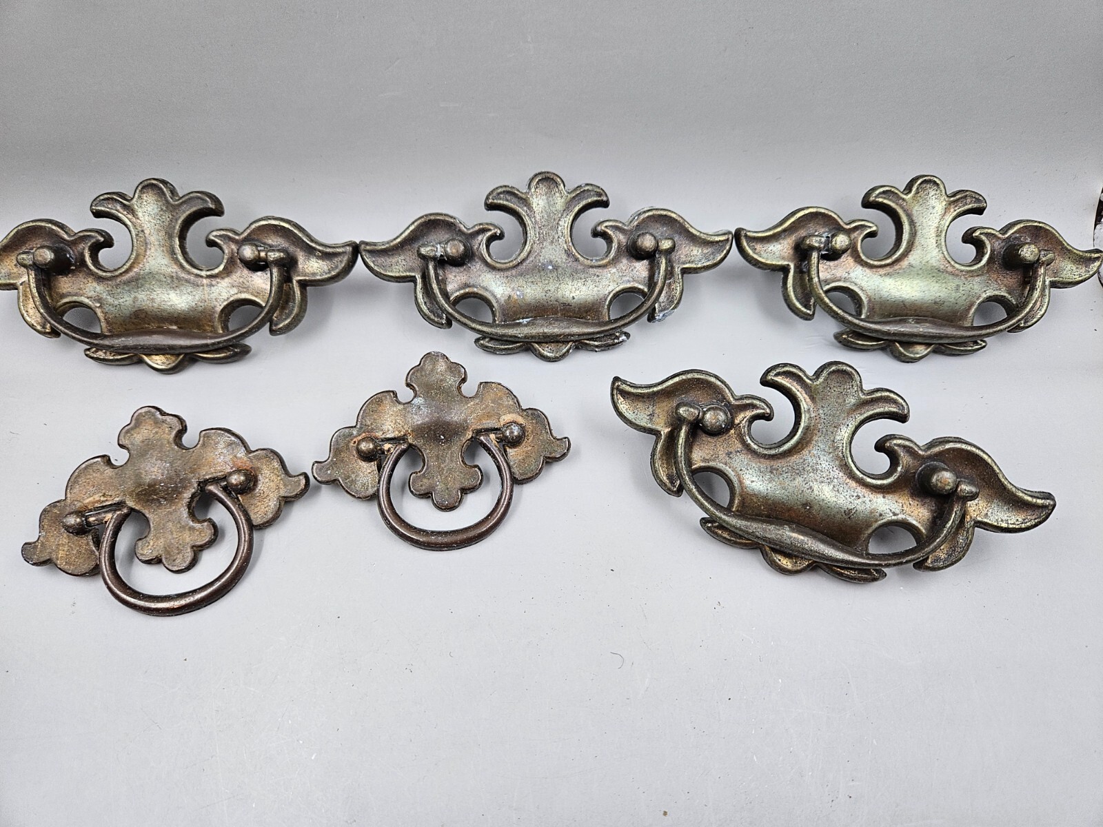 Vintage Cast Metal Bronze Tone 6 Chippendale Batwing Style Drop Bail Pull Handle