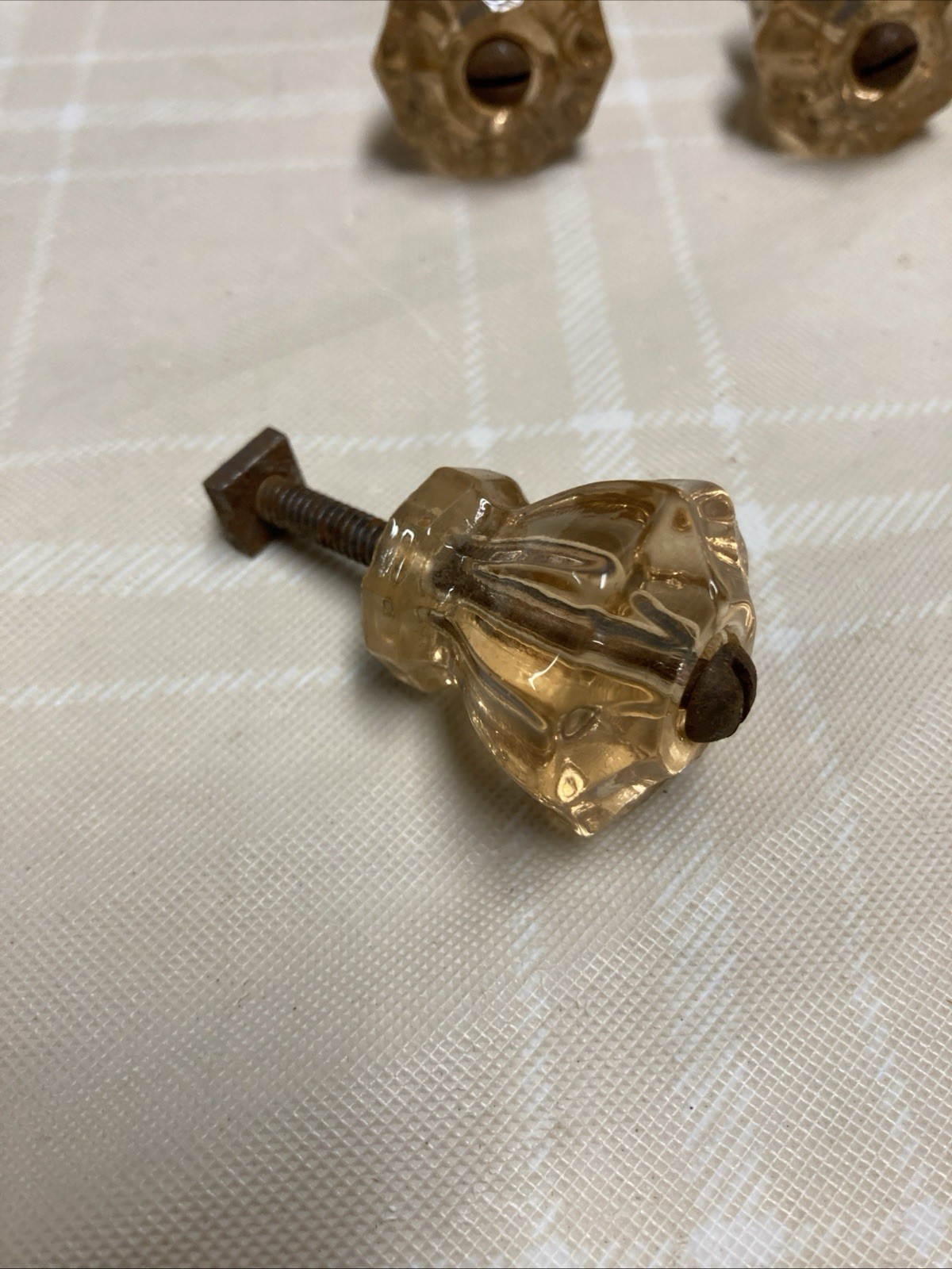 Vtg Lot Of 6 Glass Drawer Pulls Amber Color Hexagon