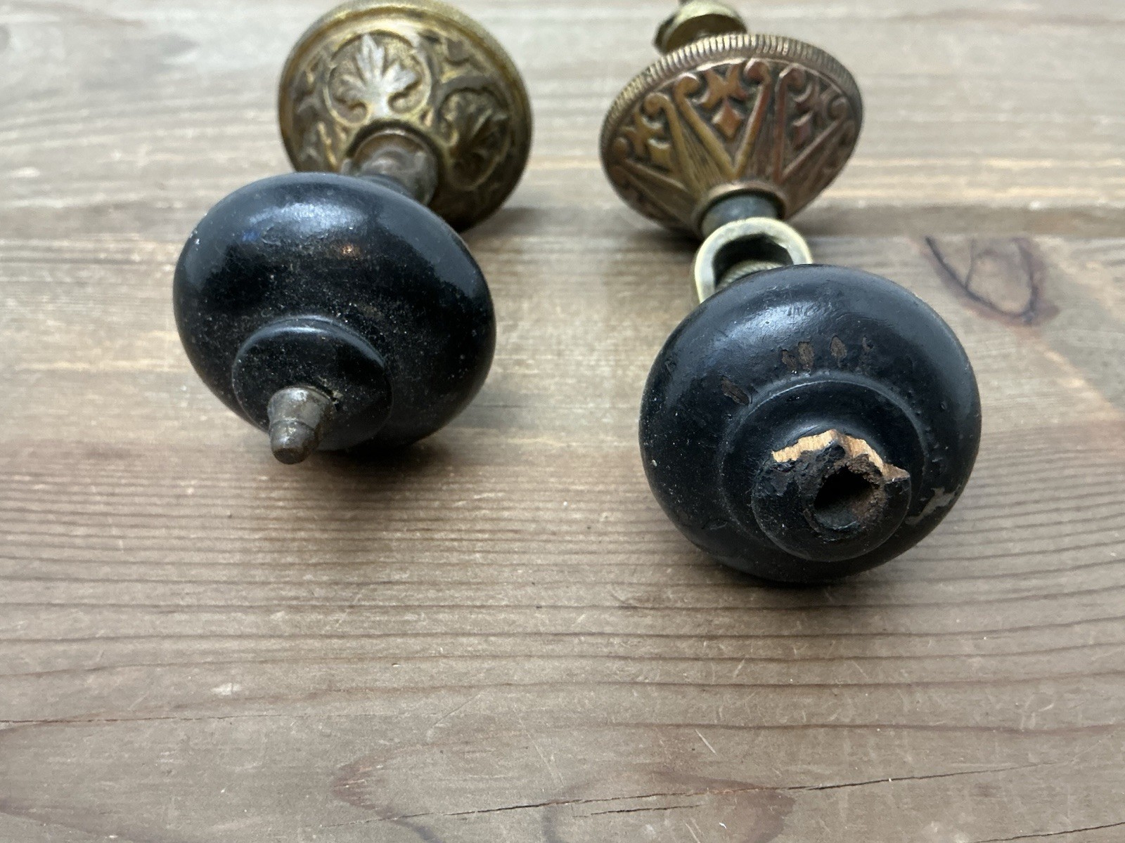 2 Antique Drop Drawer Pulls, Parts Brass Black Wood Teardrop Victorian/Edwardian