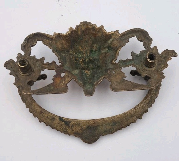 Antique Lion Face Drop Bail Pull Drawer Cabinet Handle Ornate Old Brass Hardware
