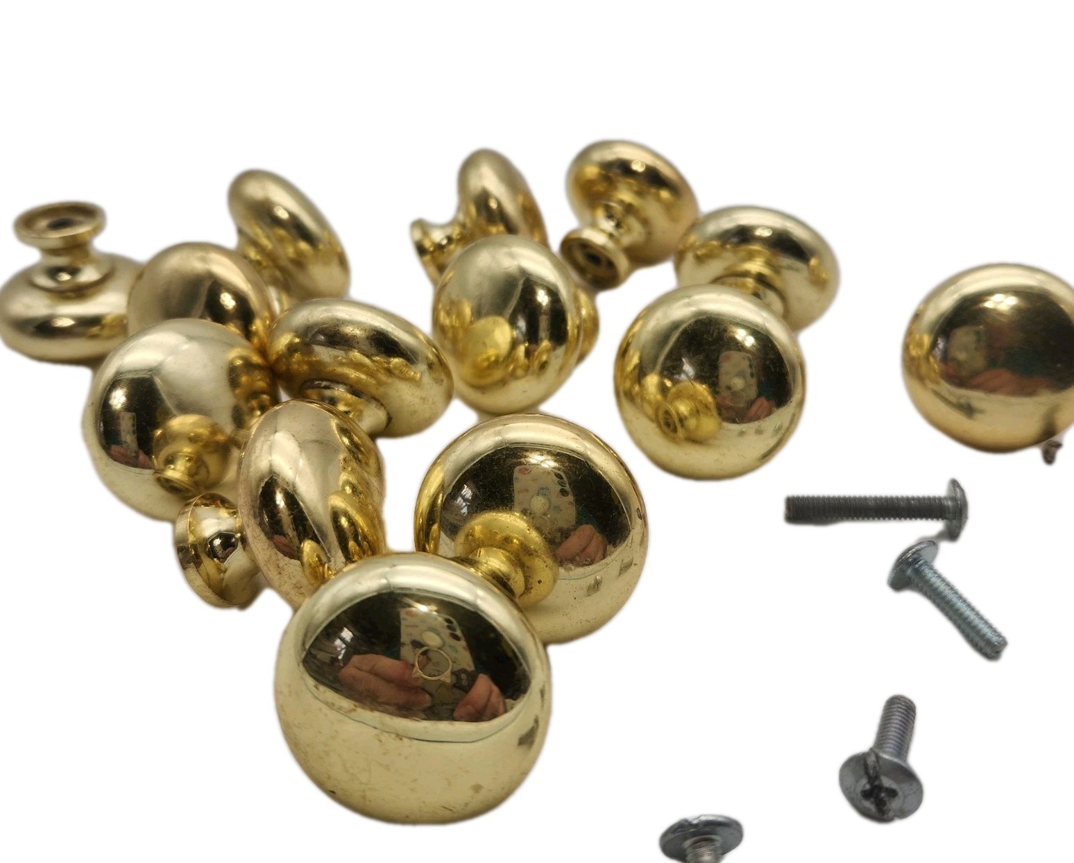 Brass Cabinet Drawer Knob Pulls Lot 14 Round 1.25” Heavy Solid 5 Sample Screws