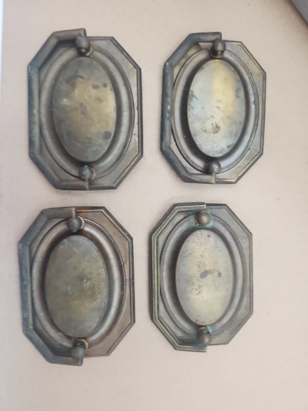 Vintage Brass Drop Bail Drawer Chest Cabinet Pull Elongated 8 Sided Octagon LOT