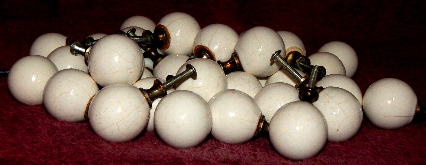Vintage Porcelain & Brass 1-1/4″ White Round Ball Cabinet Door Drawer Pulls