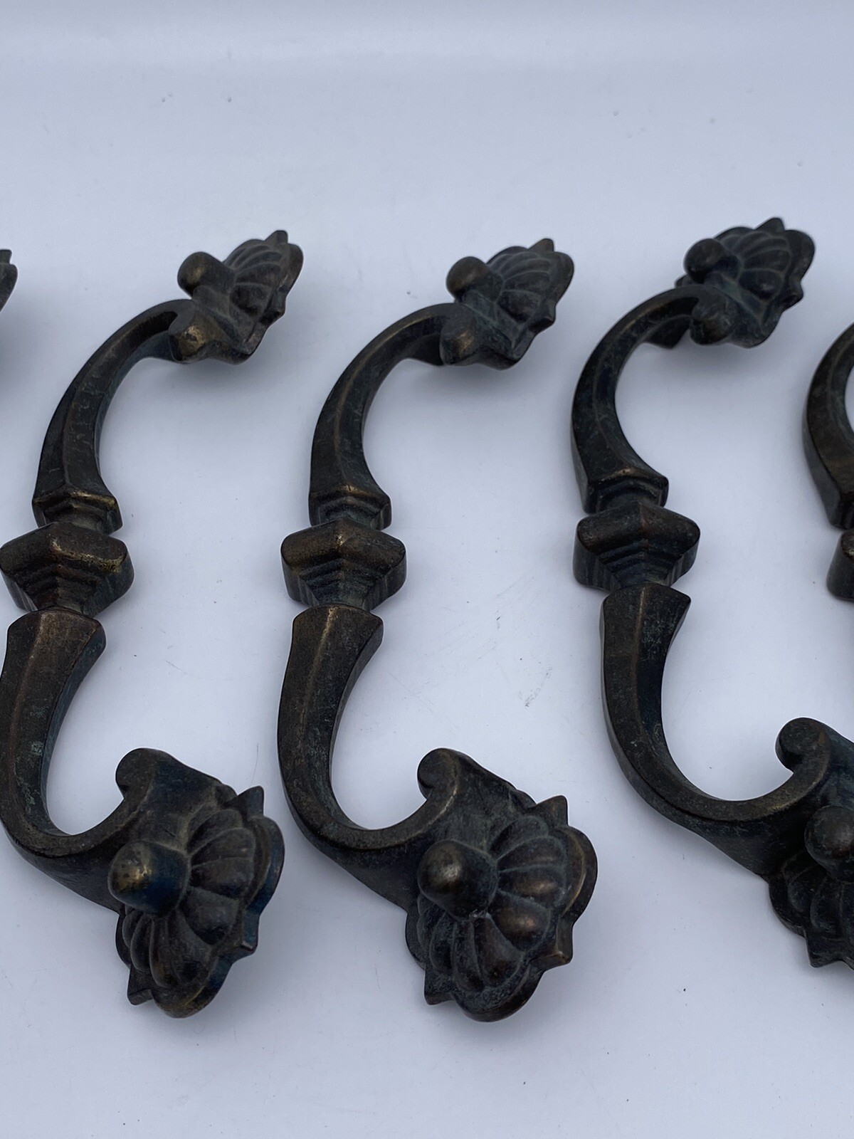 Set of 5 Vintage Antique Ornate Brass Drawer Pulls Handles 7″ Original Patina