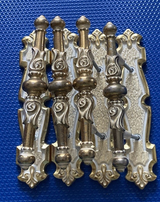 4 Vintage 50’s 60’s Ajax English Provincial White Gold Handle Pulls Backplates