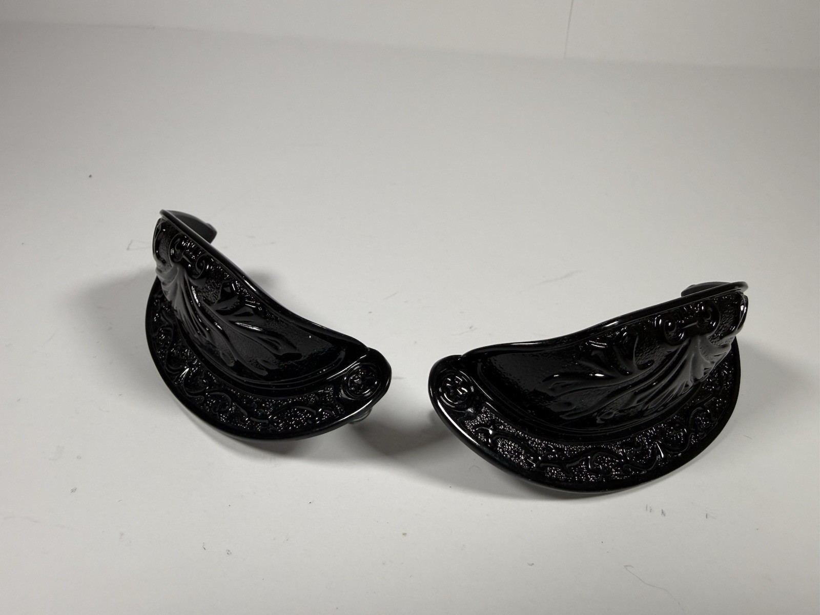 Set of 2 Vintage Style Black Cast Iron Bin Pulls Ornate Floral Cup Handles