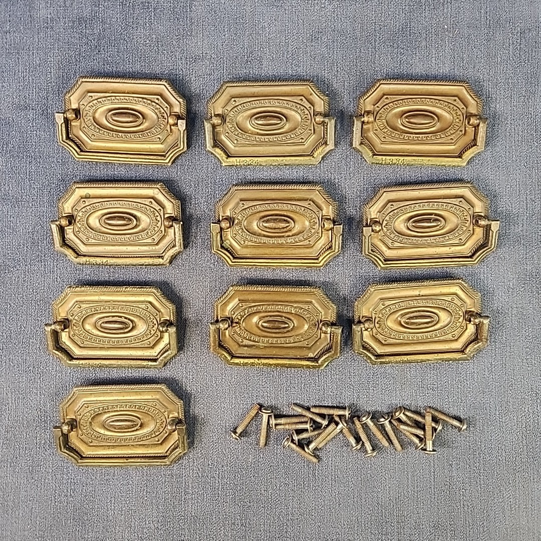 Vintage Eastlake Victorian Geometric Handle Brass Draw Pulls Set of 10 mADM