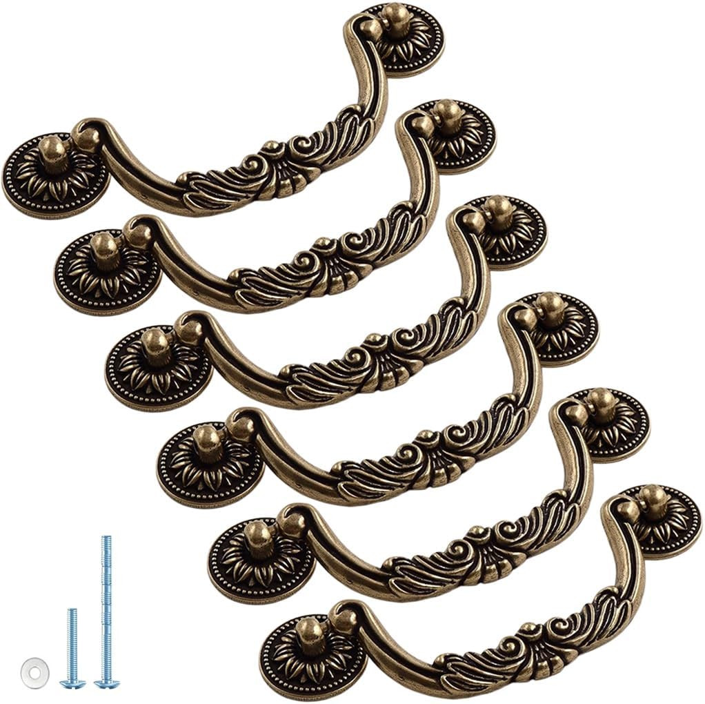 6PCS Antique Bronze Drop Bail Pulls,Vintage Carved Cabinet Pulls Handles,5.0″ Ho