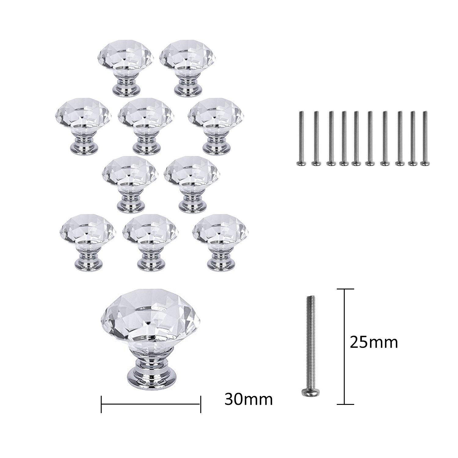 10 Pcs White Clear Crystal Glass Cabinet Knobs 30mm Diamond Shape Drawer Kitc…
