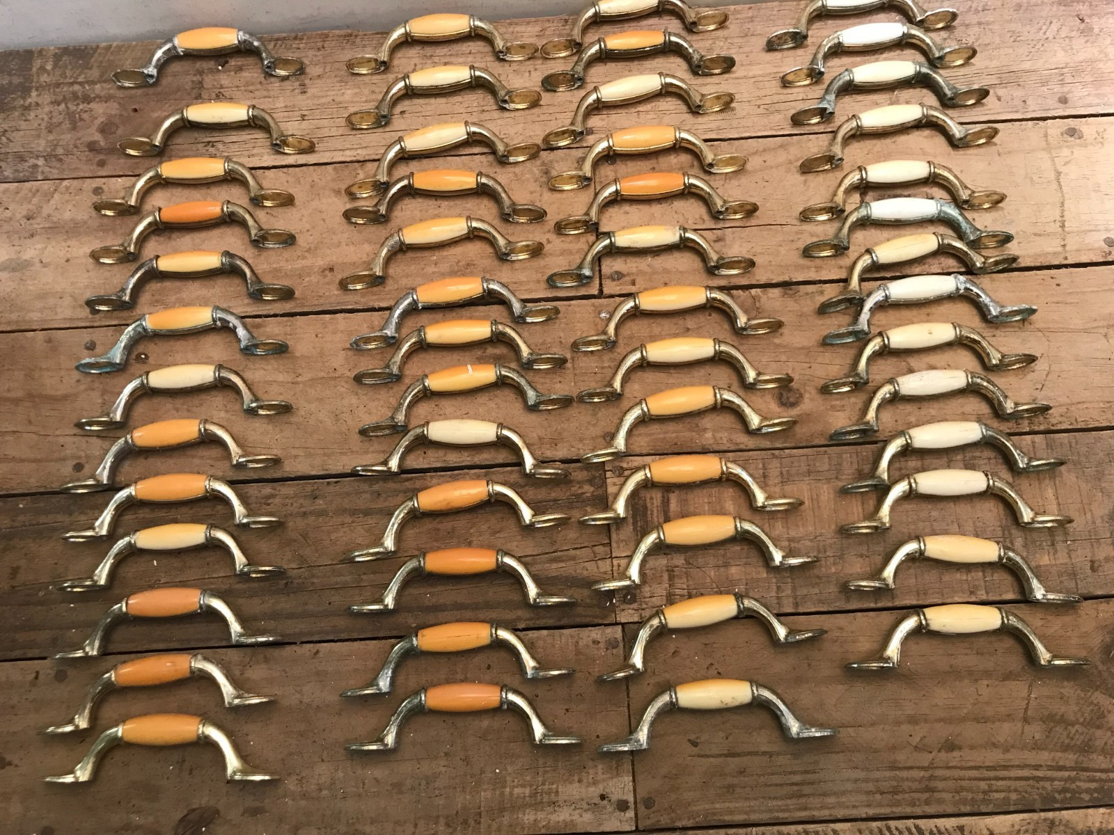 Lot 53 Vintage Art Deco Waterfall Drawer Pulls Metal Cream Butterscotch w/ screw