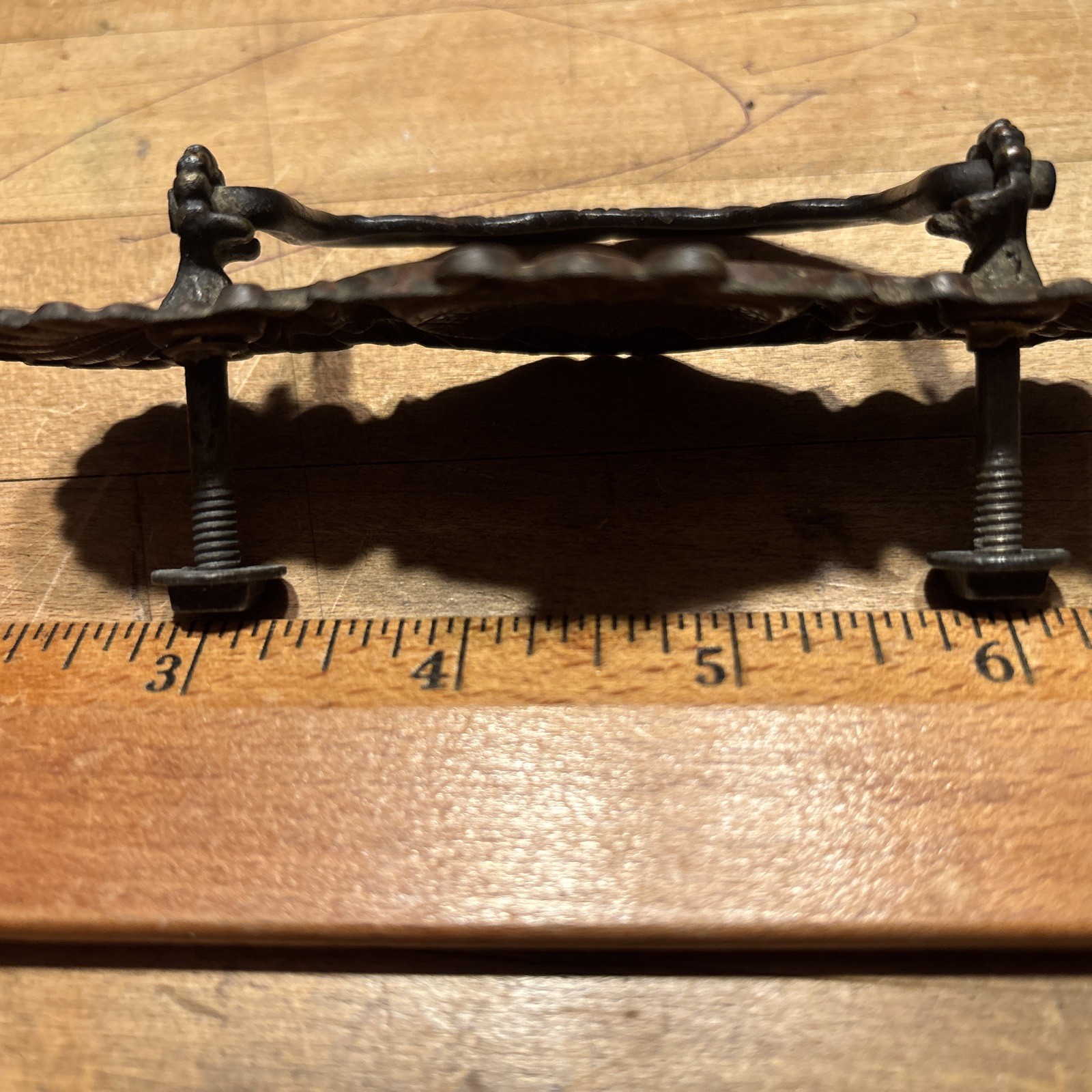 ANTIQUE Pair Of Brass Pressed Drawer Pulls Iron Bail 3” On Center