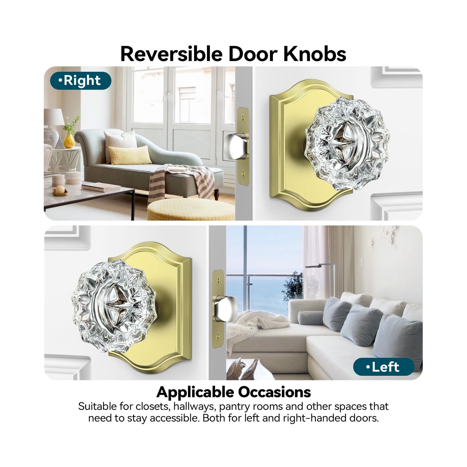 Glass Passage Door Knobs, 5 Pack Satin Brass Crystal Interior, Antique Glass,…