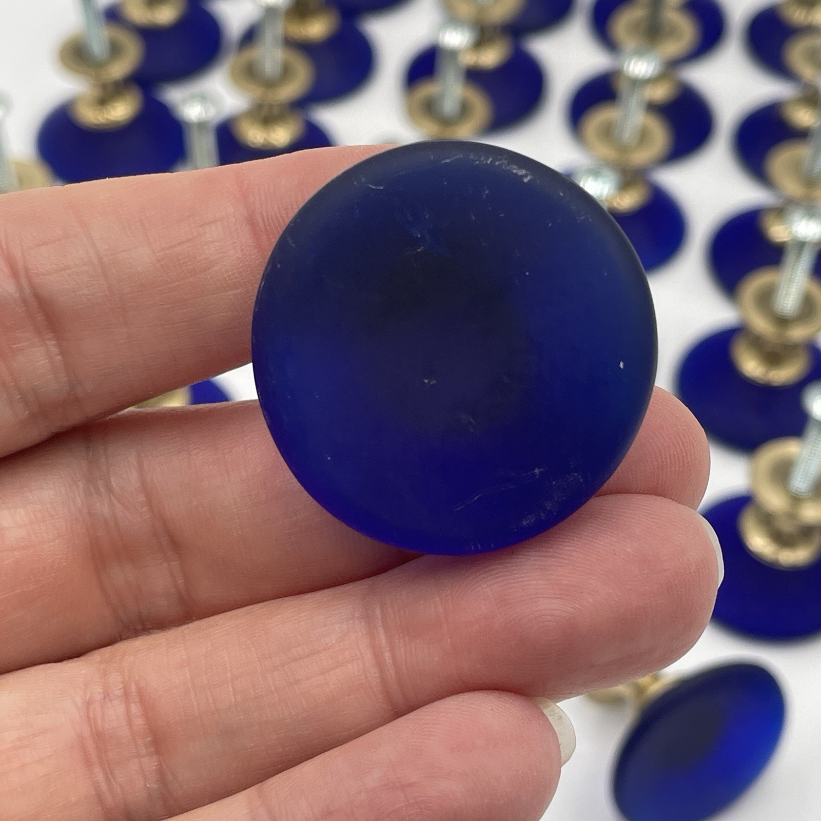 Cobalt Blue Frosted Glass & Brass Deco Cone Knob Drawer Pull 1-3/8 Laurey (45)