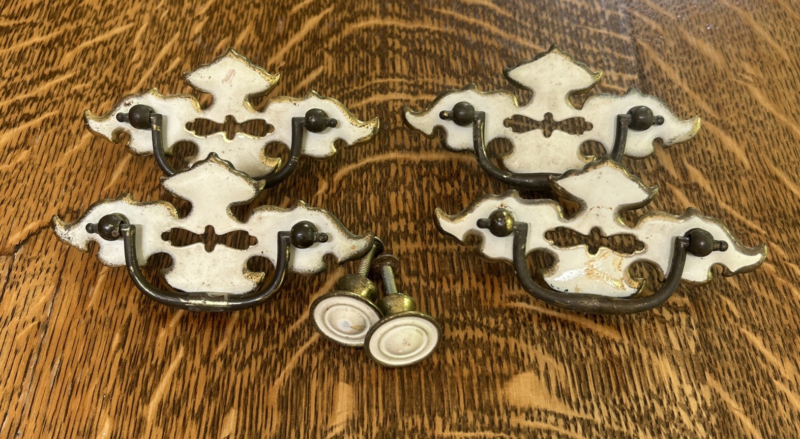 Vintage Pull Handles 2-1/2″ Centers White On Brass 1960s