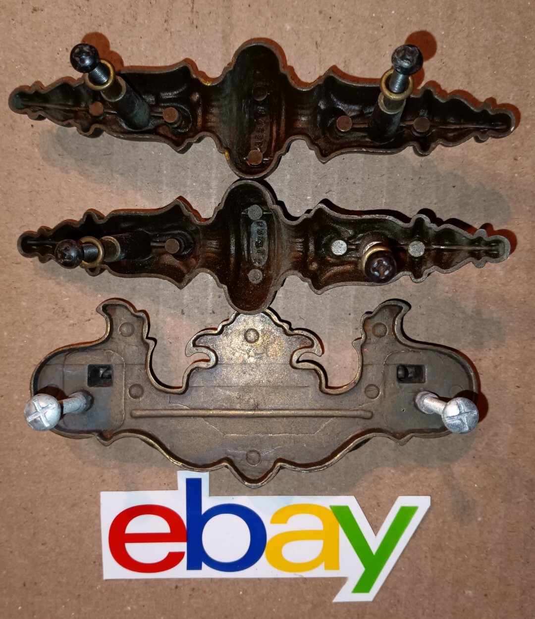 3 VINTAGE ANTIQUE LARGE BRASS DRAWER PULLS 5 1/2″ & 6″ R32372 EXCELLENT