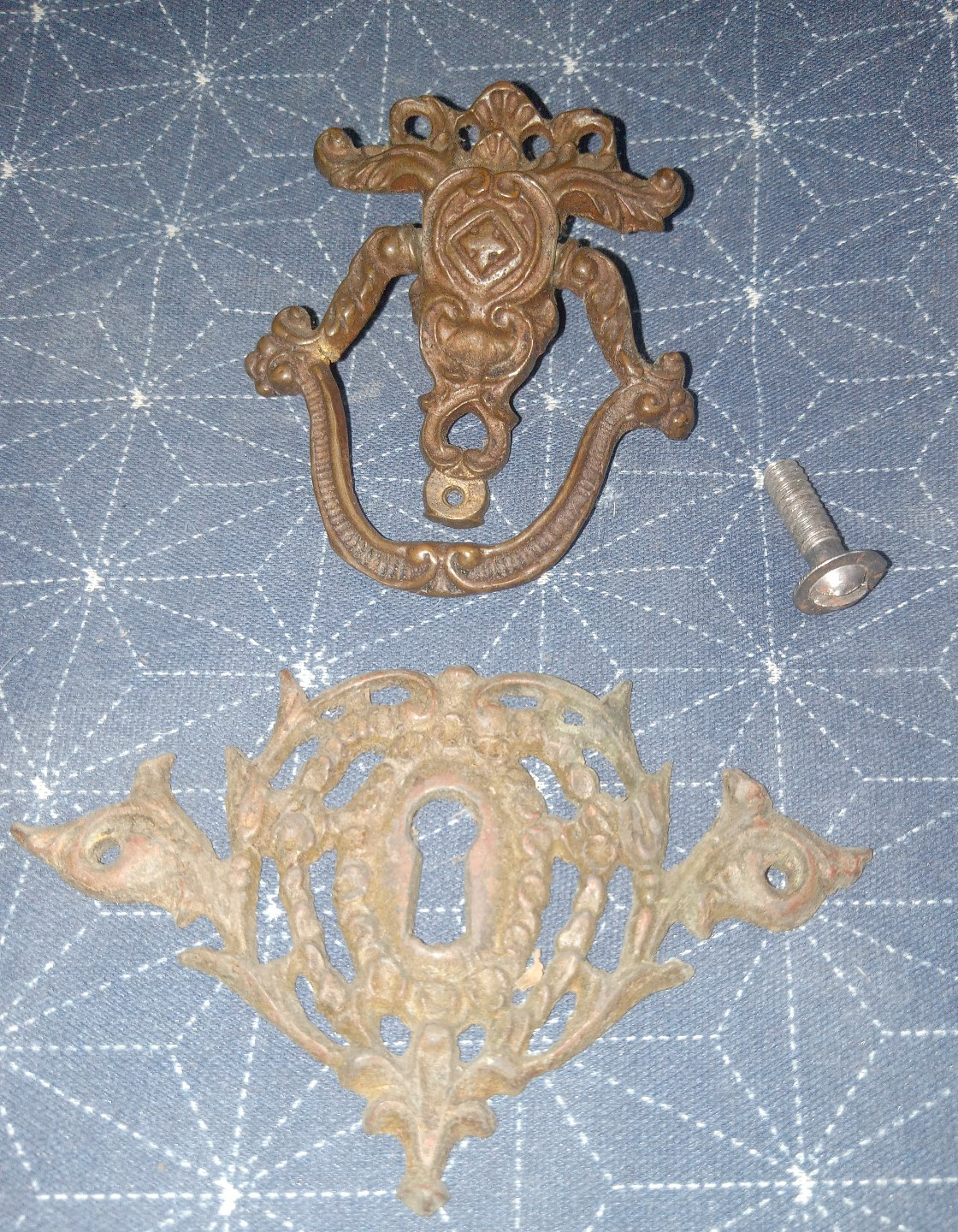 Antique Vintage Brass Ring Pull and Ornate Keyhole