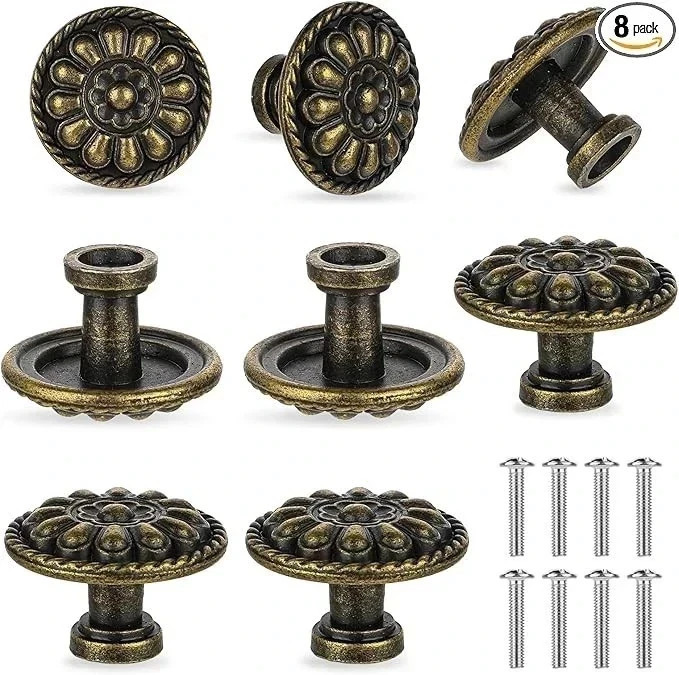 8 Pack Antique Brass Drawer Knobs Vintage Round Cabinet Pulls 1.18 Inch