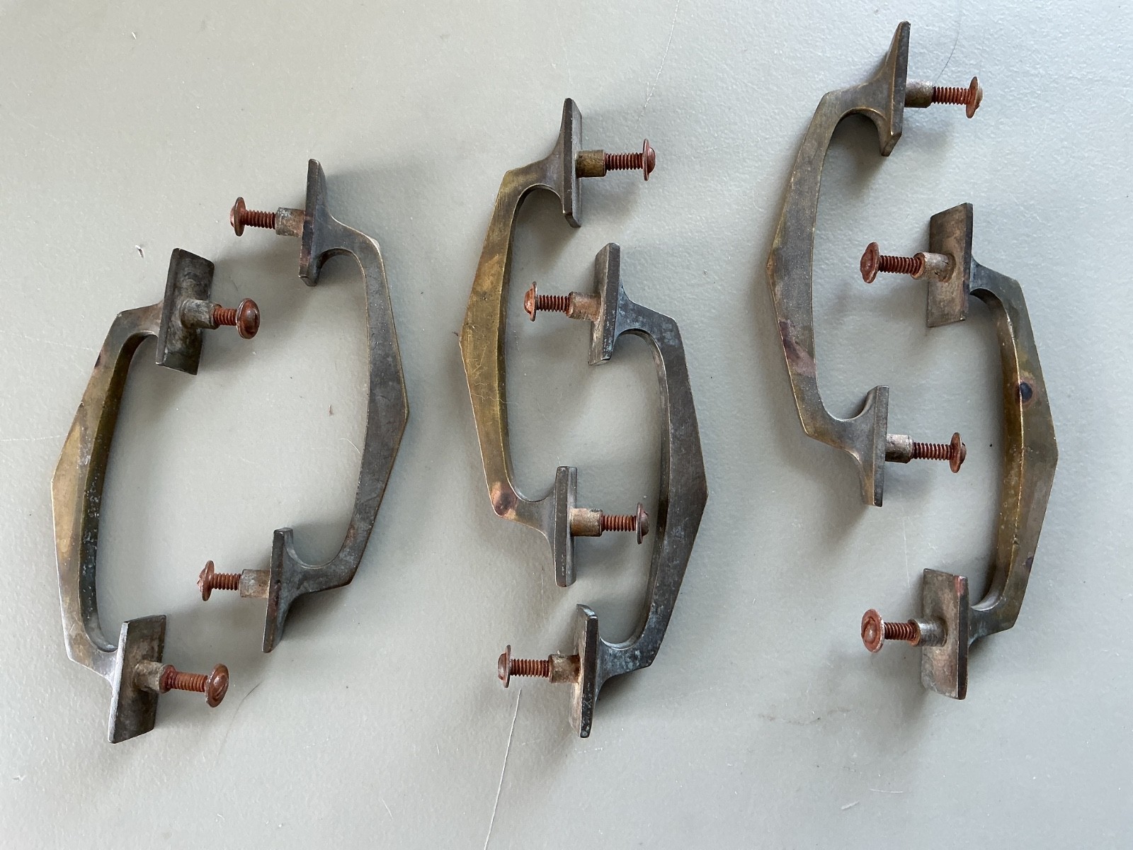 Set of 6 Vintage/antique heavy brass handles with original screws. “5 1/2 long