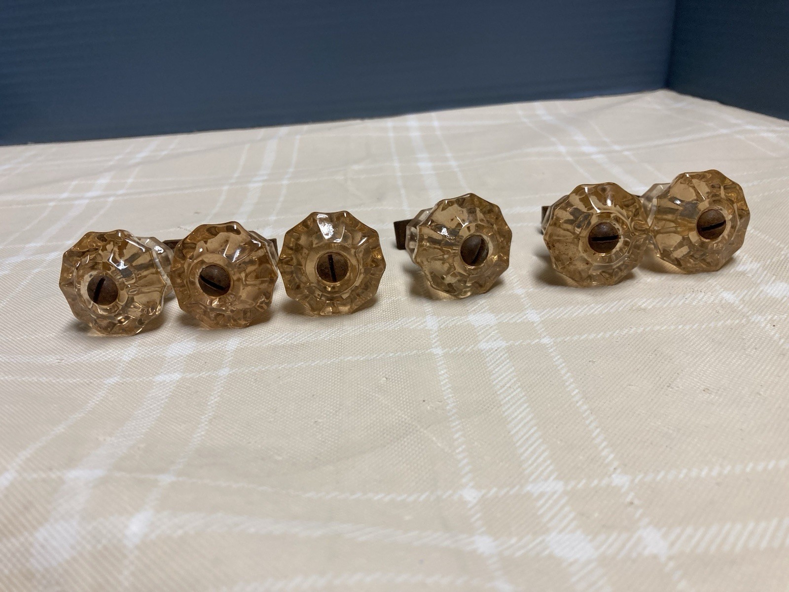Vtg Lot Of 6 Glass Drawer Pulls Amber Color Hexagon