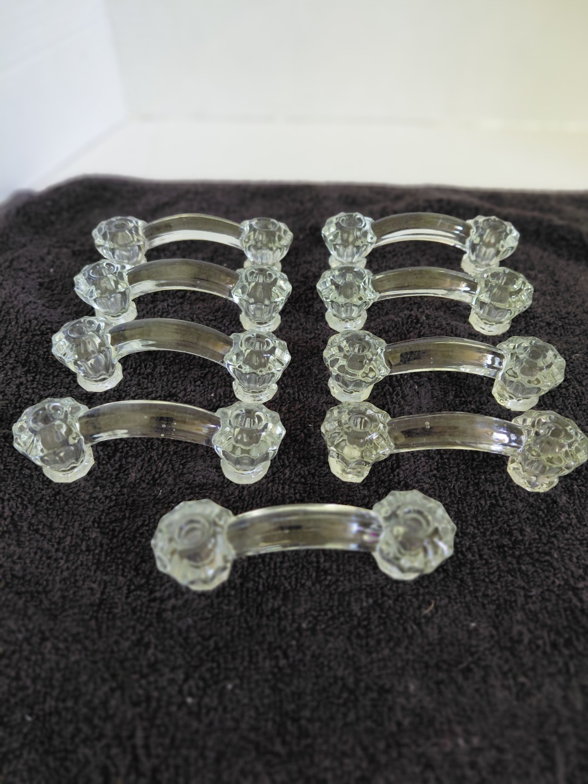 ANTIQUE CLEAR GLASS DRAWER PULLS – LOT OF 9 – 4″ WIDE – 1920’S