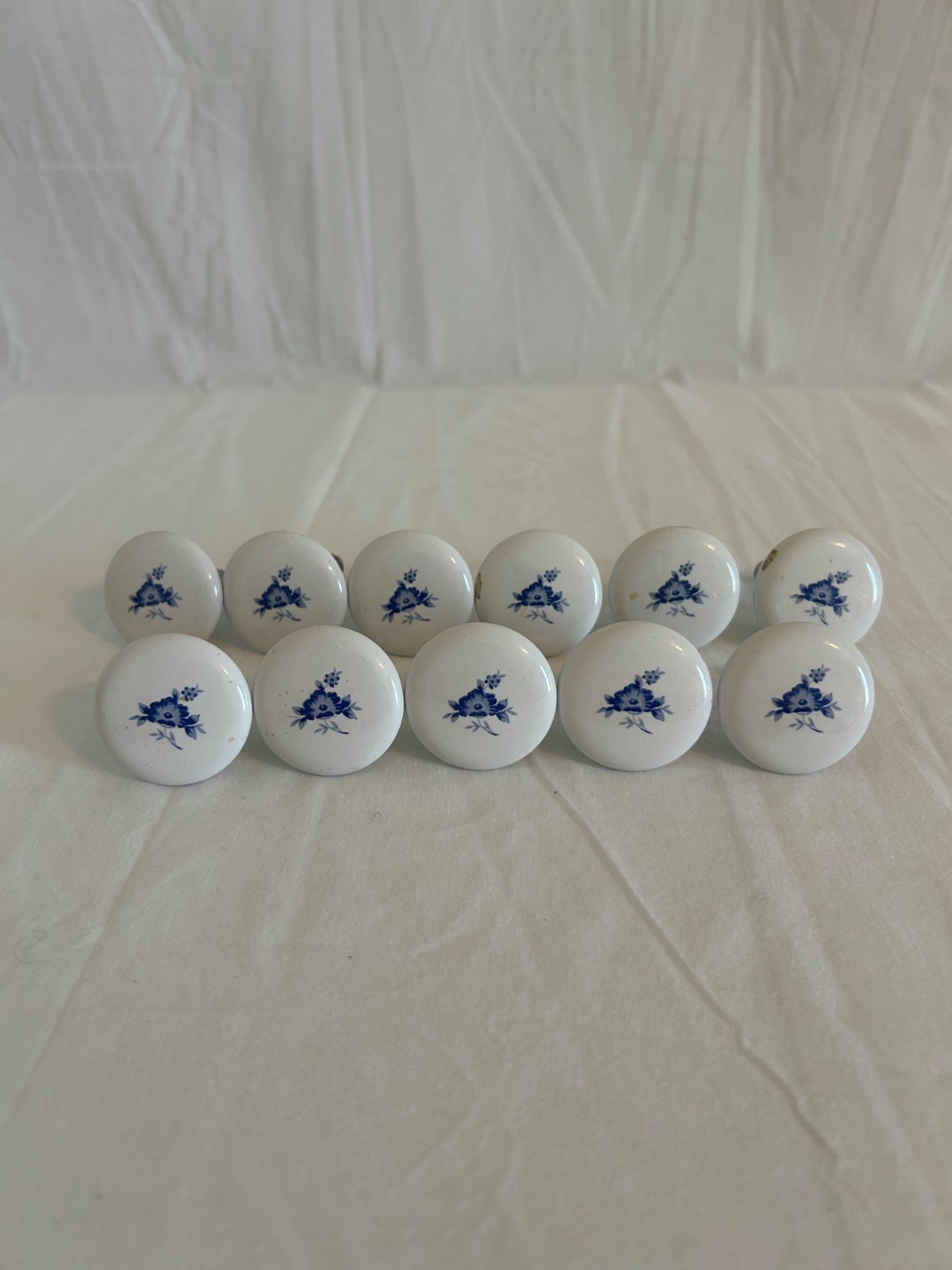 Vintage Porcelain Cabinet Knobs with Blue Floral Design Drawer Pulls Set of 11