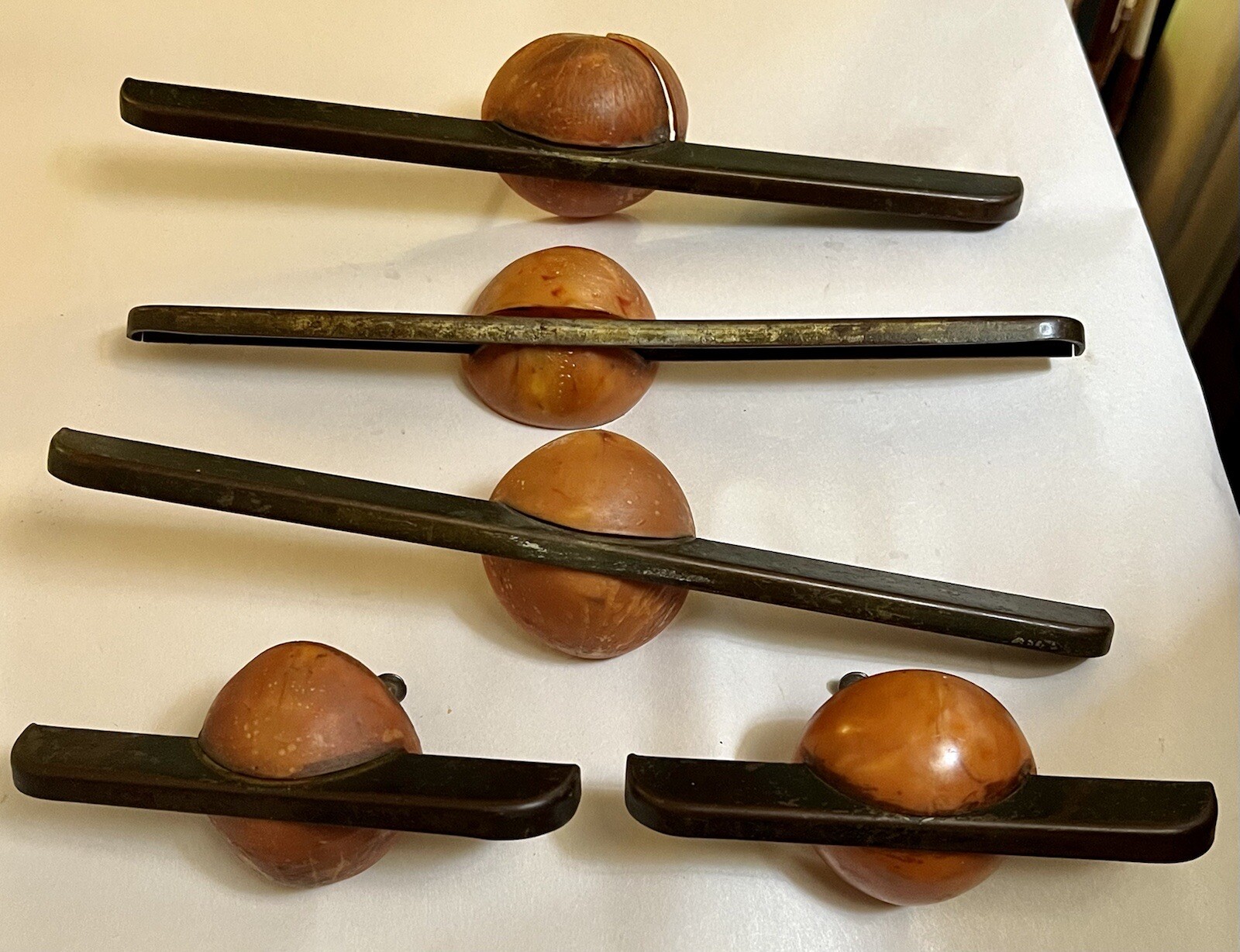 6 Rare Mid Century Modern/Retro Cabinet Drawer Pull Set, Copper And Bakelite?