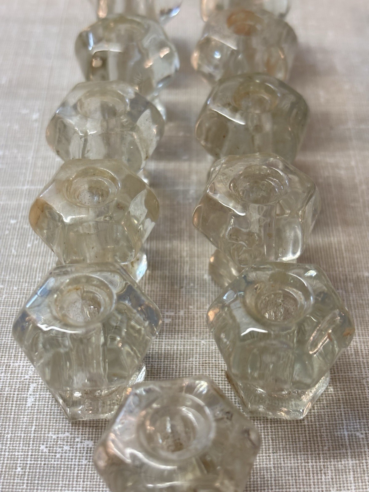 Vtg Set Of 10 Hexagon Shape Clear Glass Drawer Cabinet Pulls With Screws 40’s