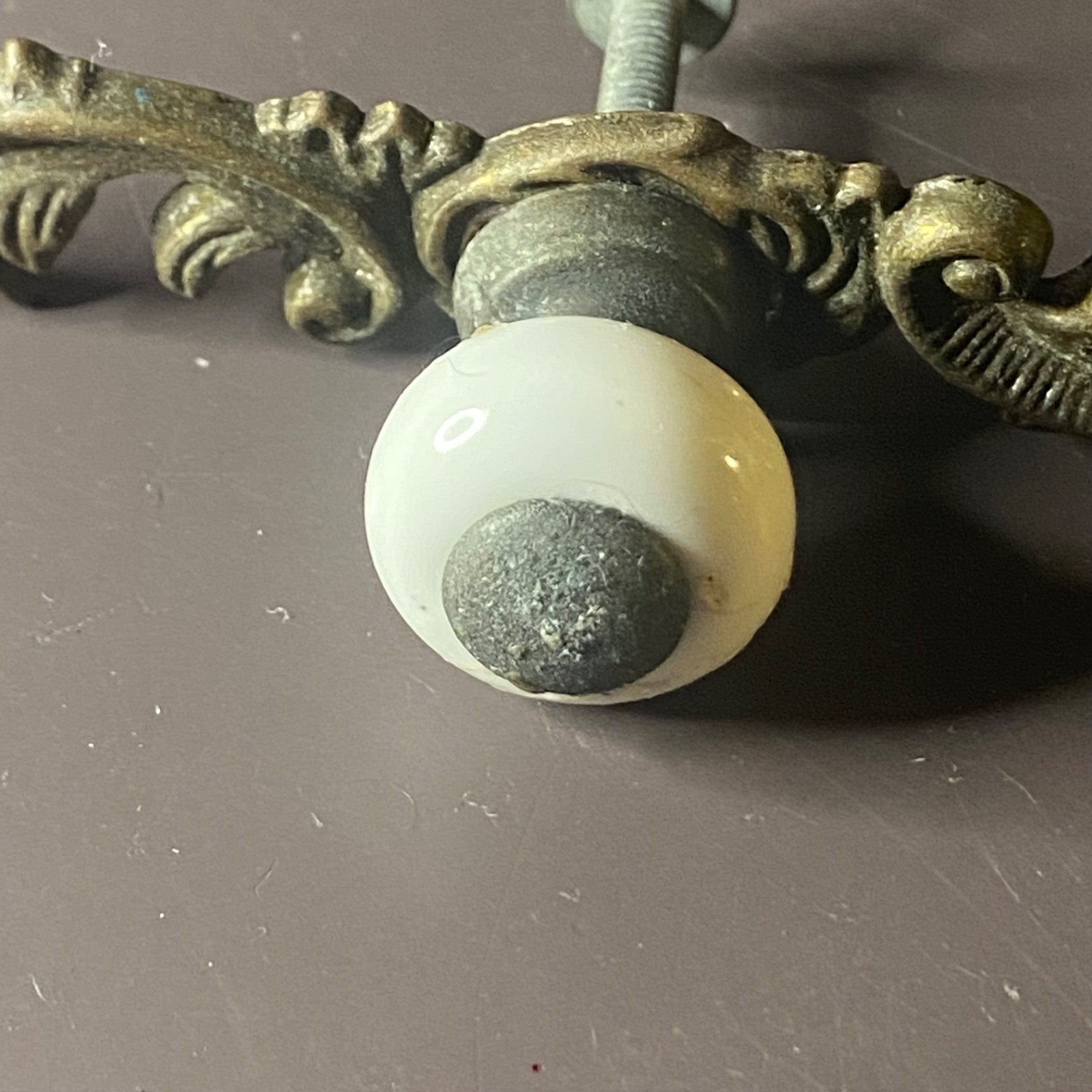 Vintage Metal And Porcelain Knob Ornate Drawer Pull