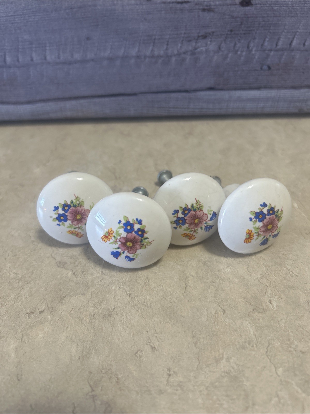 Vintage Porcelain Pulls /Knobs, White Painted Floral Design Lot of 4 with screws