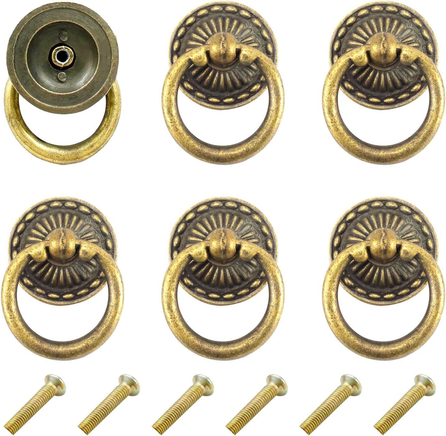 6pcs Vintage Bronze Drop Ring Knobs Pulls Handles with Screws for Dresser Drawer