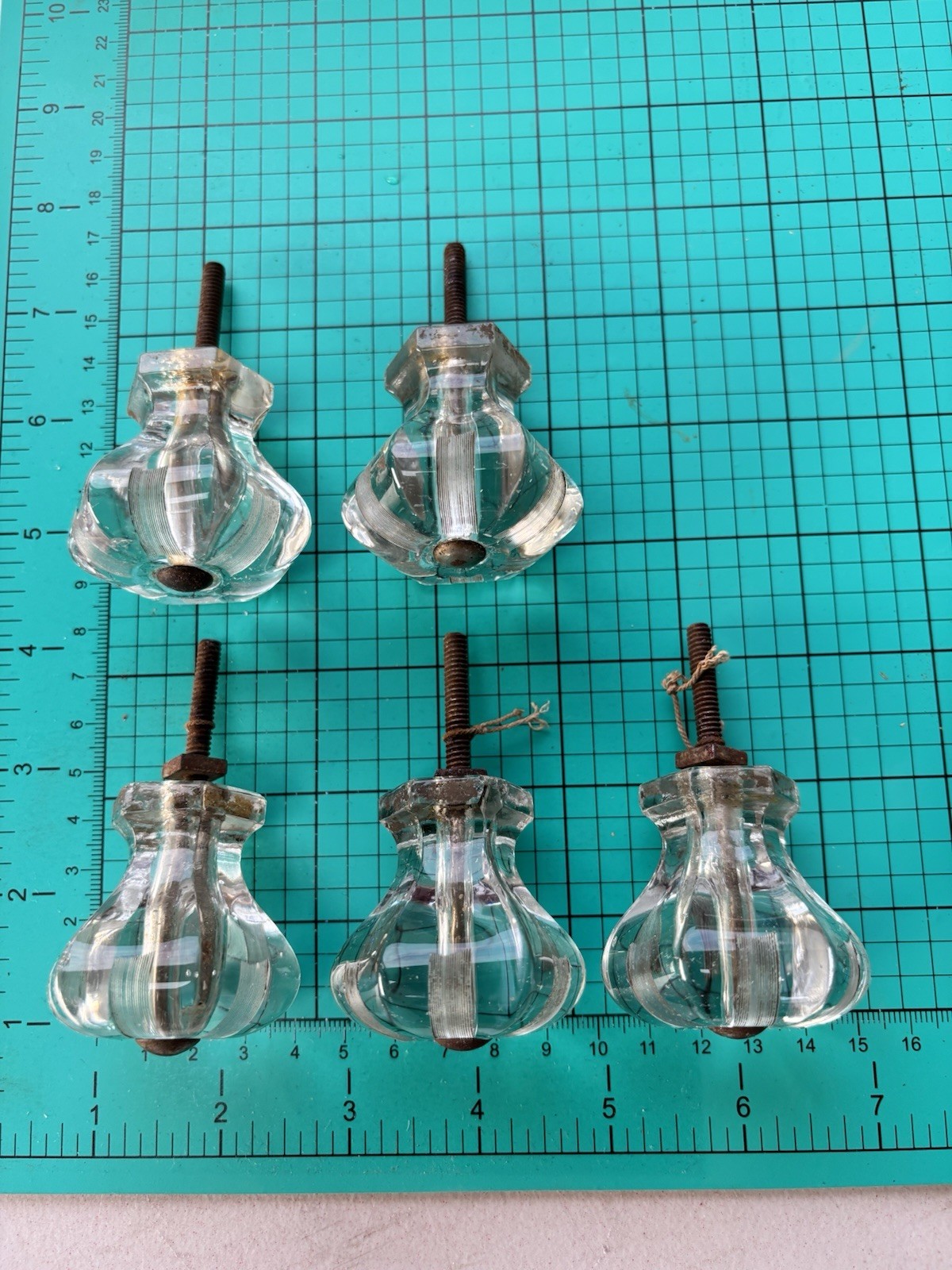 Antique Vintage Hexagon Crystal Glass Door Drawer Knobs Pulls Set Of 5