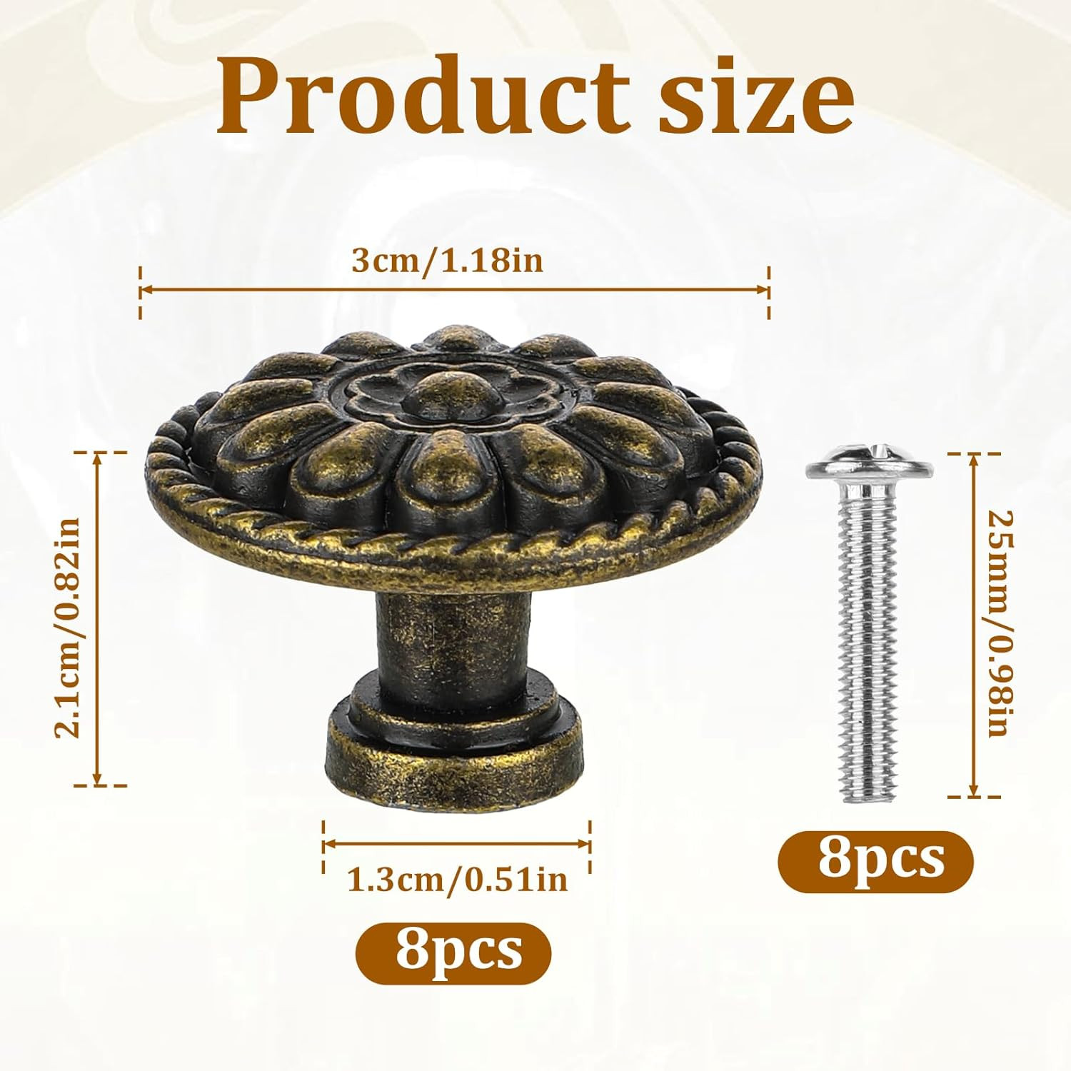 8 Pack Antique Brass Drawer Knobs, Vintage Dresser Drawers Knobs, Solid round Ca