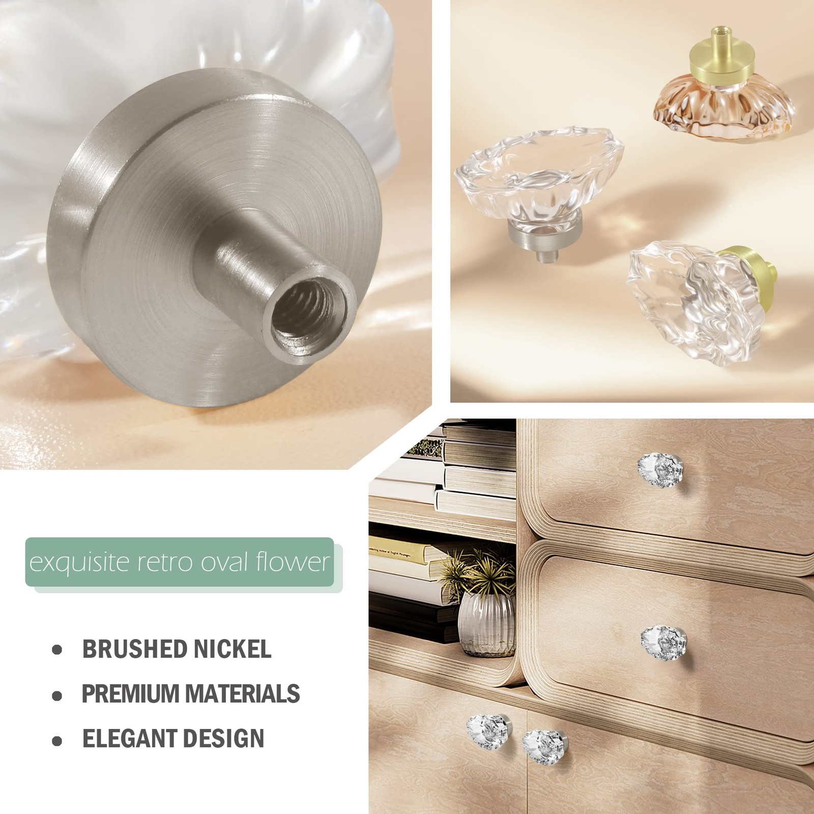 Glass Cabinet Knobs Brushed Nickel,Crystal Pulls and Knobs for Dresser Drawer…