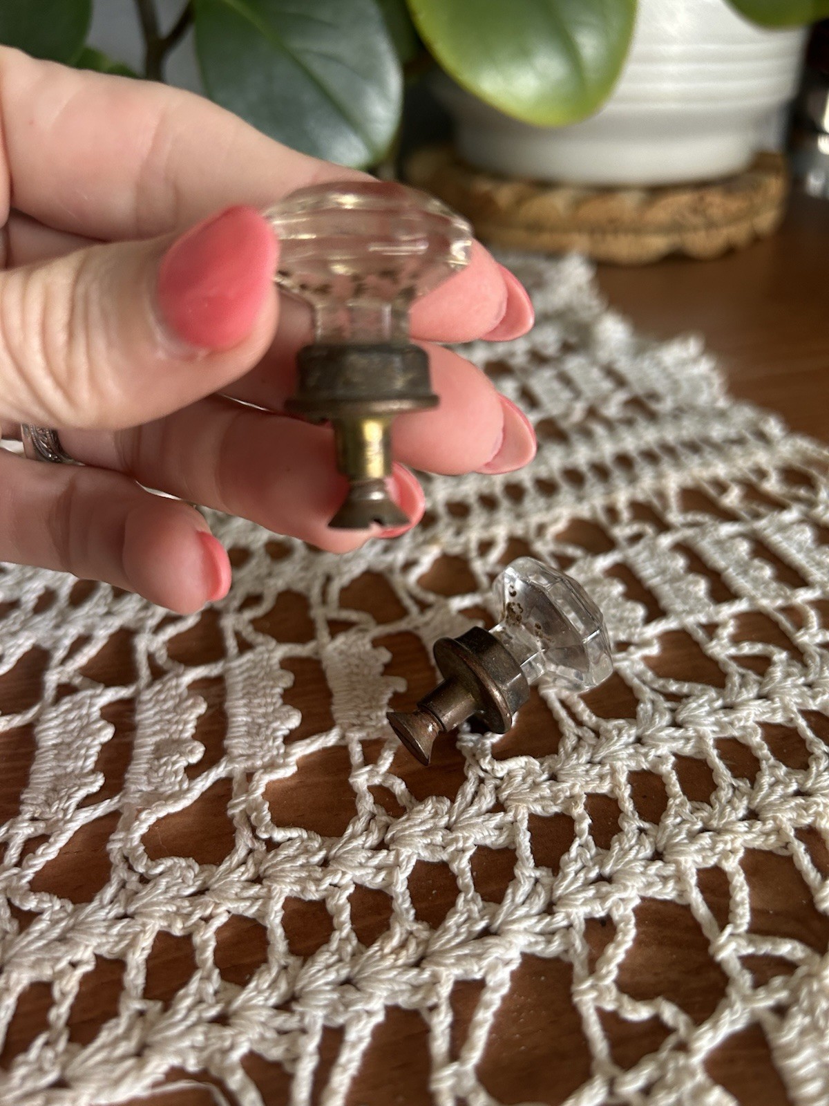 Vintage Clear Glass Drawer Knobs Set Of Two With Orginal Brass And Hardware