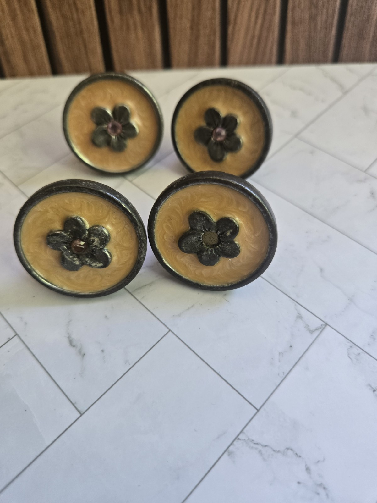 ​Set of 4 Vintage Floral Decorative Cabinet Knobs – Yellow Enamel & Metal Flower