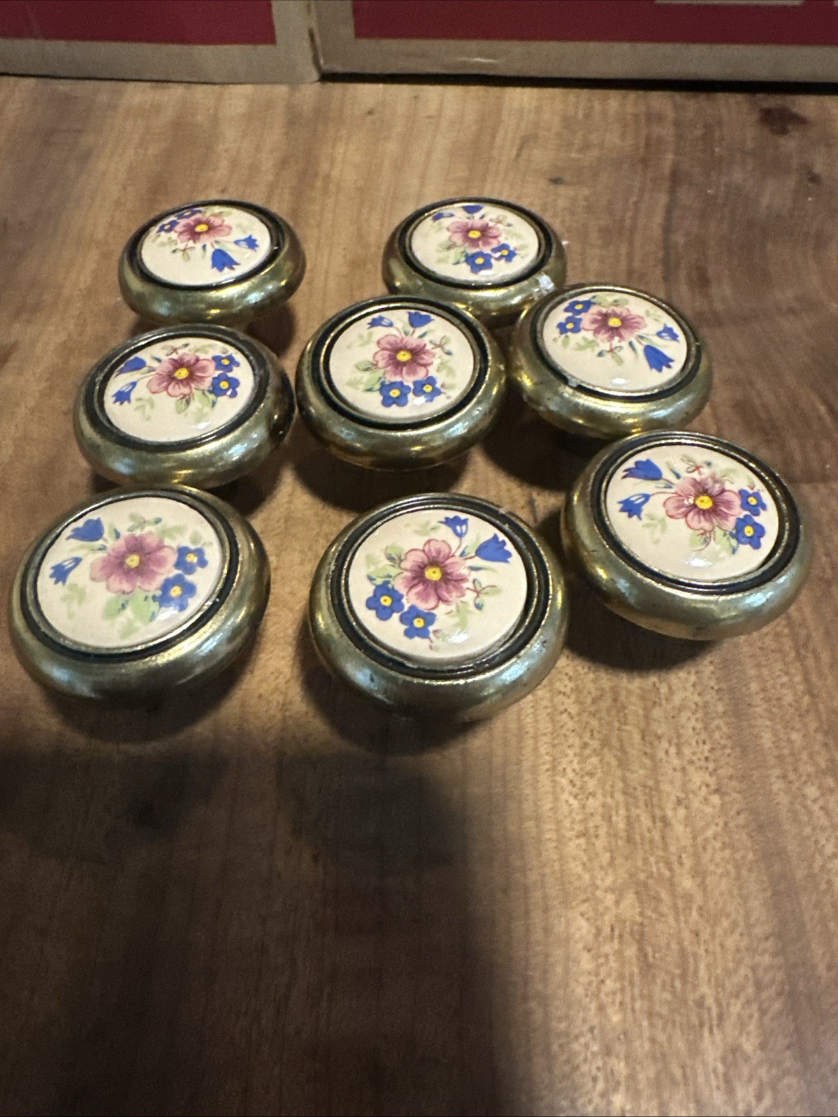 Vintage Floral Ceramic Drawer Knobs Pink Blue Flowers Brass Finish Lot of 8