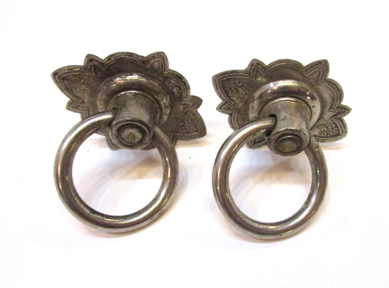 Pair Old 1900’s Stamped Antique Nickel Plated Brass Ring Drawer Pulls