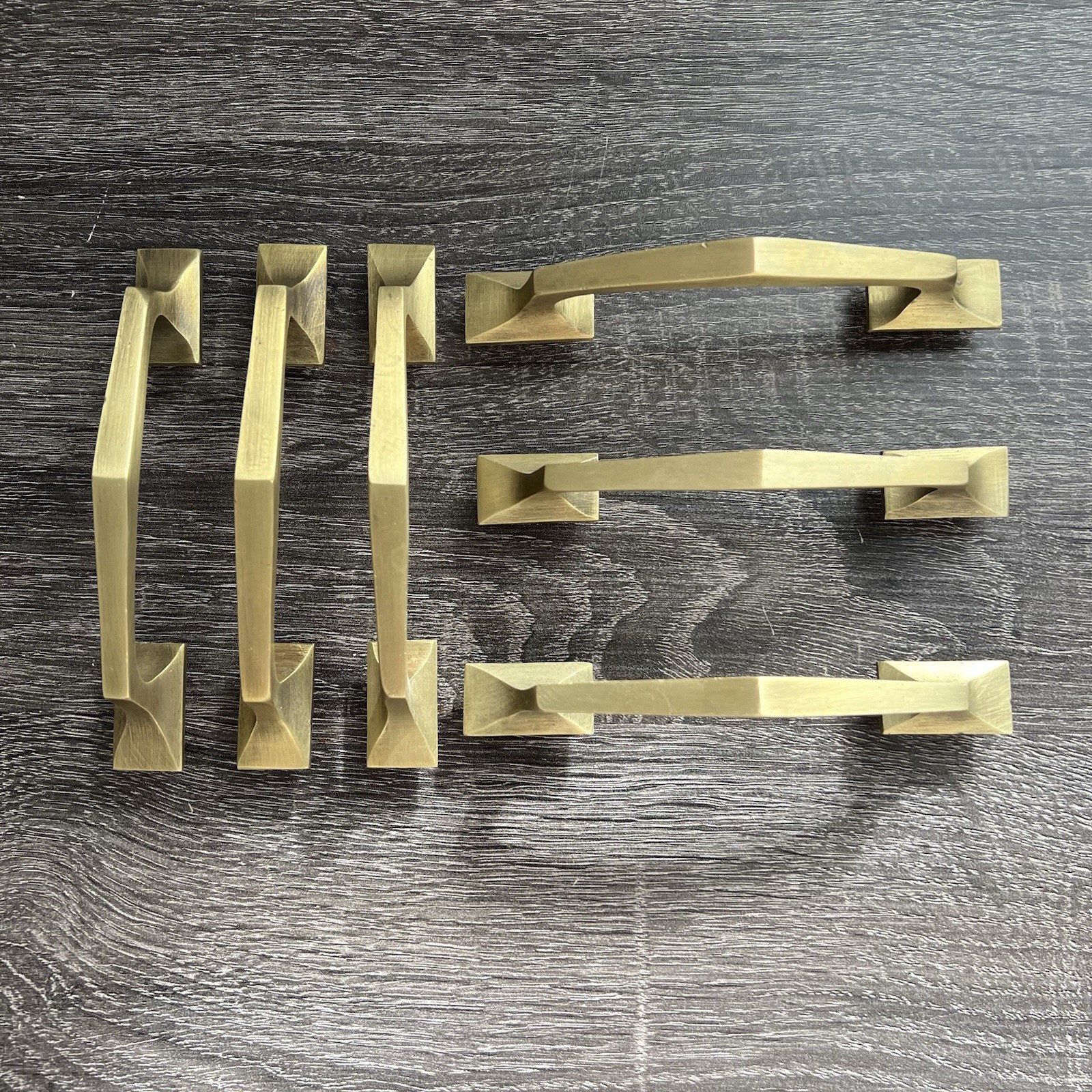 Set Of 6 Vintage Geometric Brass Angular Cabinet Pulls 4-1/16”CC